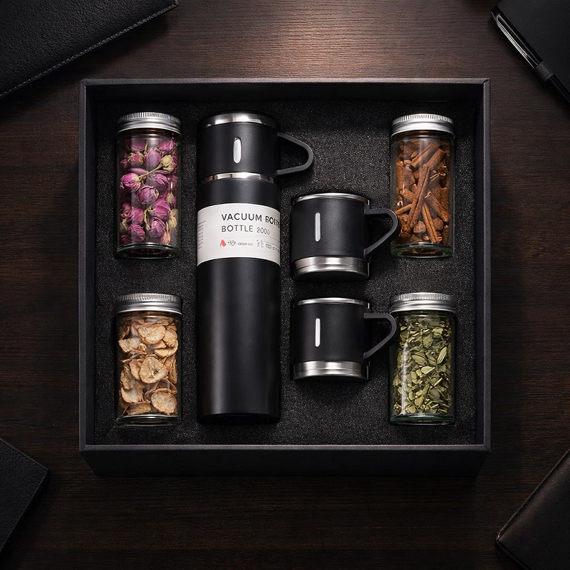 پکیج هدیه سازمانی فلاسک سه کاپ 4دمنوشجعبه لاکچری