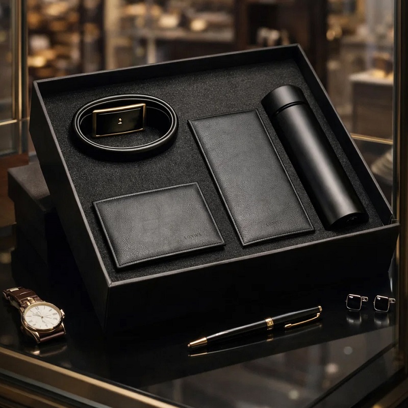 پکیج هدیه سازمانی فلاسک دماسنج دار ست کیف کمربند جعبه لاکچری