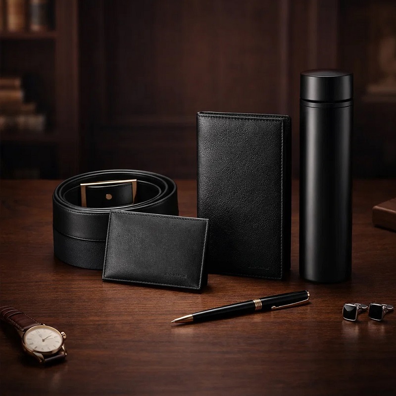 پکیج هدیه سازمانی فلاسک دماسنج دار ست کیف کمربند جعبه لاکچری