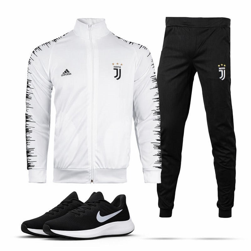 پکیج ست سویشرت شلوار یوونتوس مردانه مدل R77 کفش ورزشی مردانه Nike مدل Tigo زیره سفید