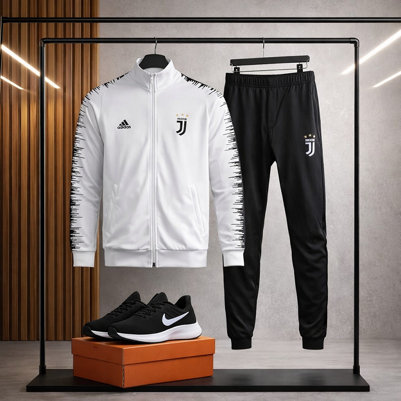 پکیج ست سویشرت شلوار یوونتوس مردانه مدل R77 کفش ورزشی مردانه Nike مدل Tigo زیره سفید