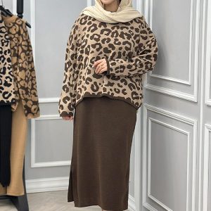 ست بافت دو تکه زنانه Leop_Brown مدل 3794