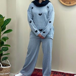 ست بلوز شلوار بافت زنانه Heart_Gray مدل 3808