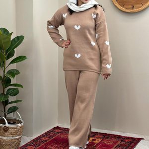 ست بلوز شلوار بافت زنانه Heart_Cream مدل 3810