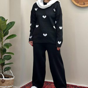 ست بلوز شلوار بافت زنانه Heart_Black مدل 3812