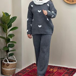 ست بلوز شلوار بافت زنانه Heart_Charcoal مدل 3813