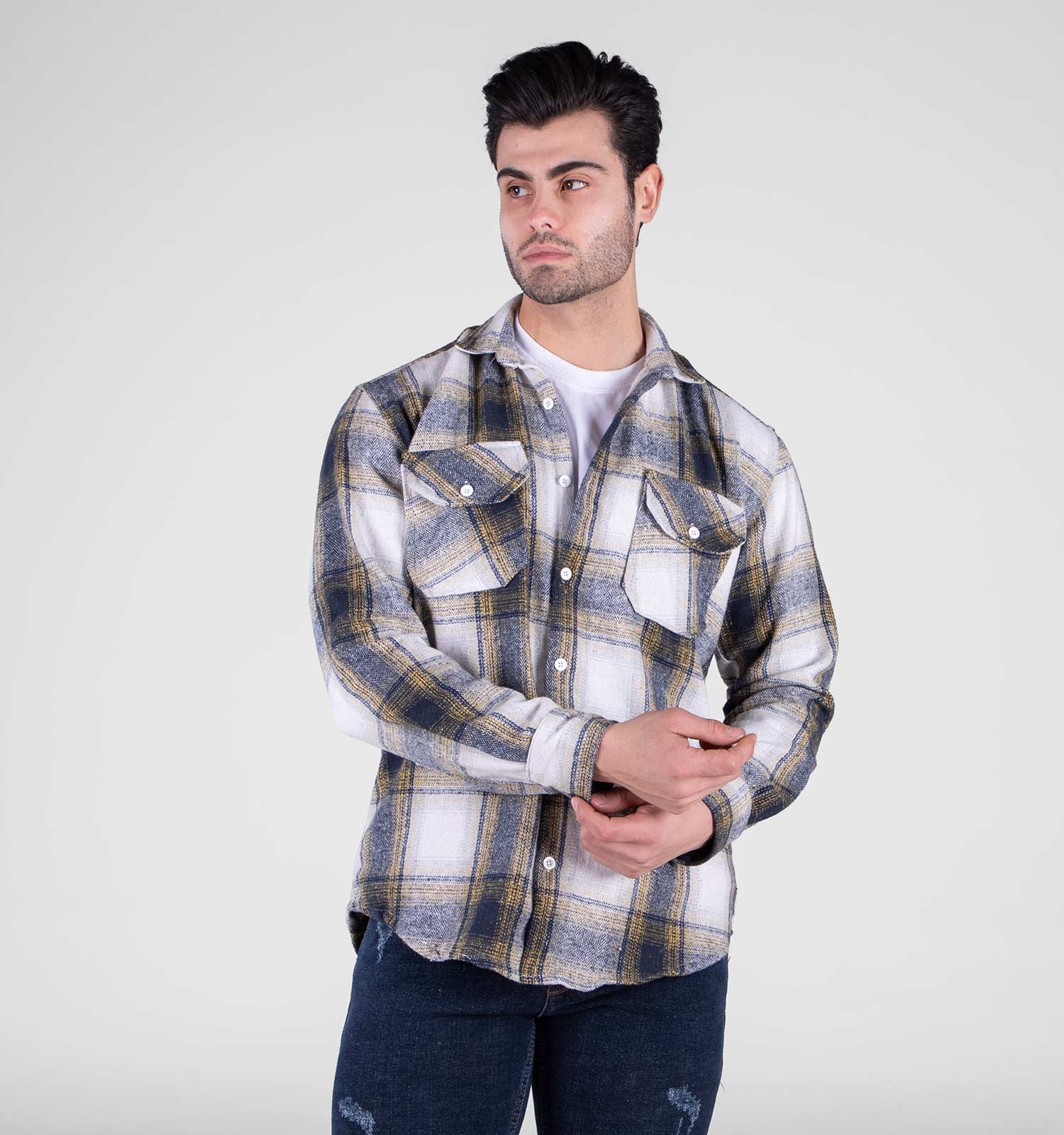 پیراهن اسپرت پشمی مردانه آستین بلند چهارخانه مدل 49155