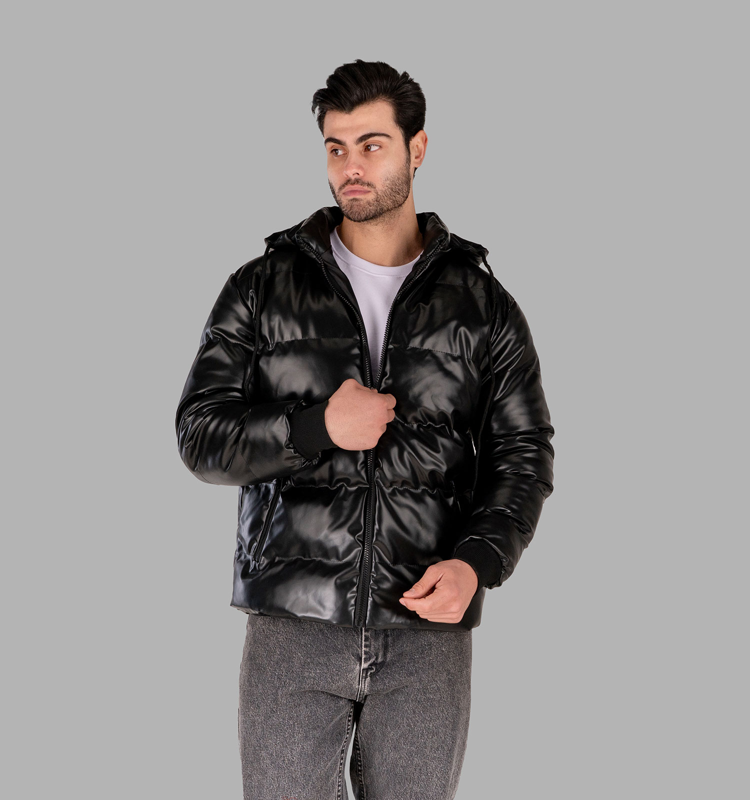 کاپشن اسپرت چرم مصنوعی مردانه بادی مشکی مدل 49355