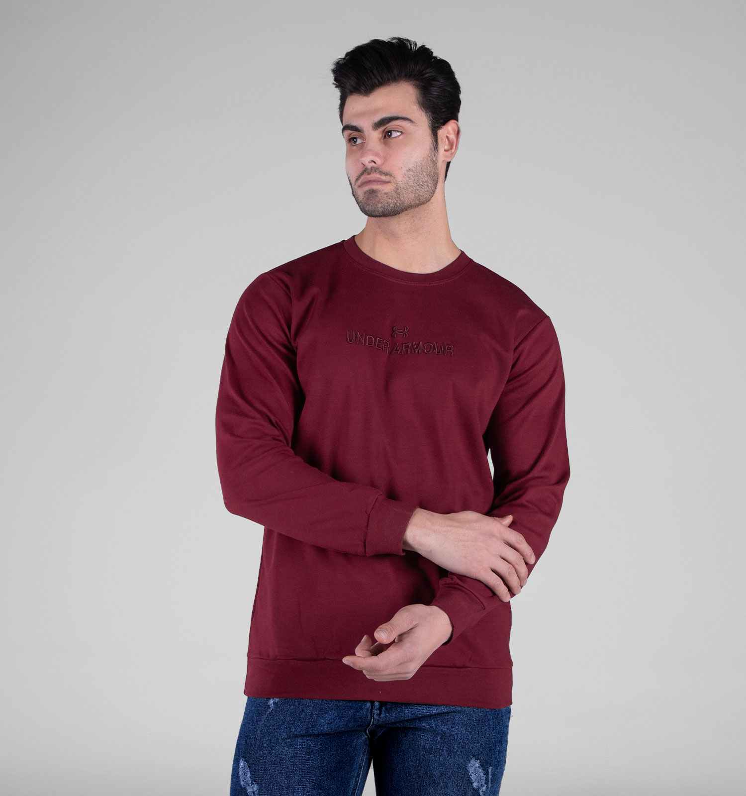 بلوز دورس مردانه یقه گرد زرشکی طرحدار مدل 49164