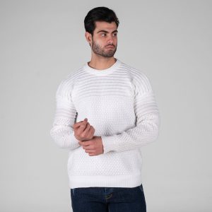 بافت مردانه یقه گرد سفید فری سایز طرحدار مدل 49316