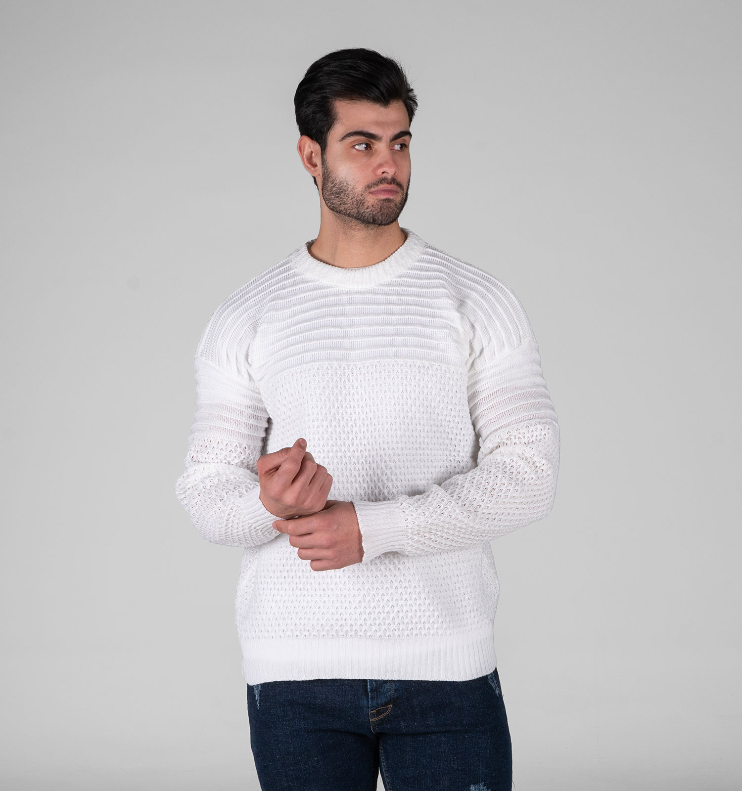 بافت مردانه یقه گرد سفید فری سایز طرحدار مدل 49316