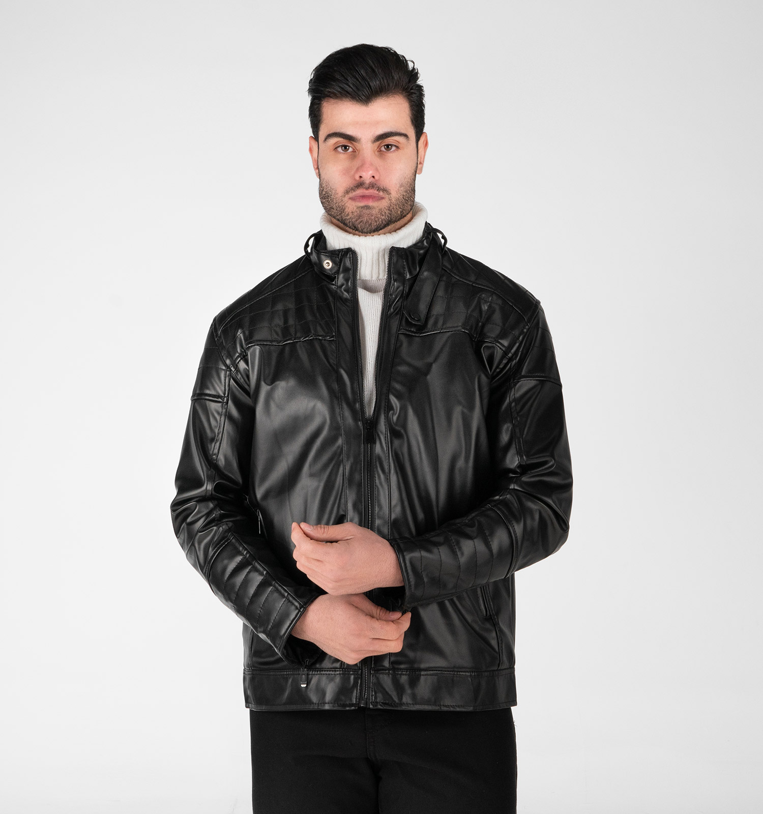 کاپشن اسپرت چرم مصنوعی مردانه مشکی مدل 49303