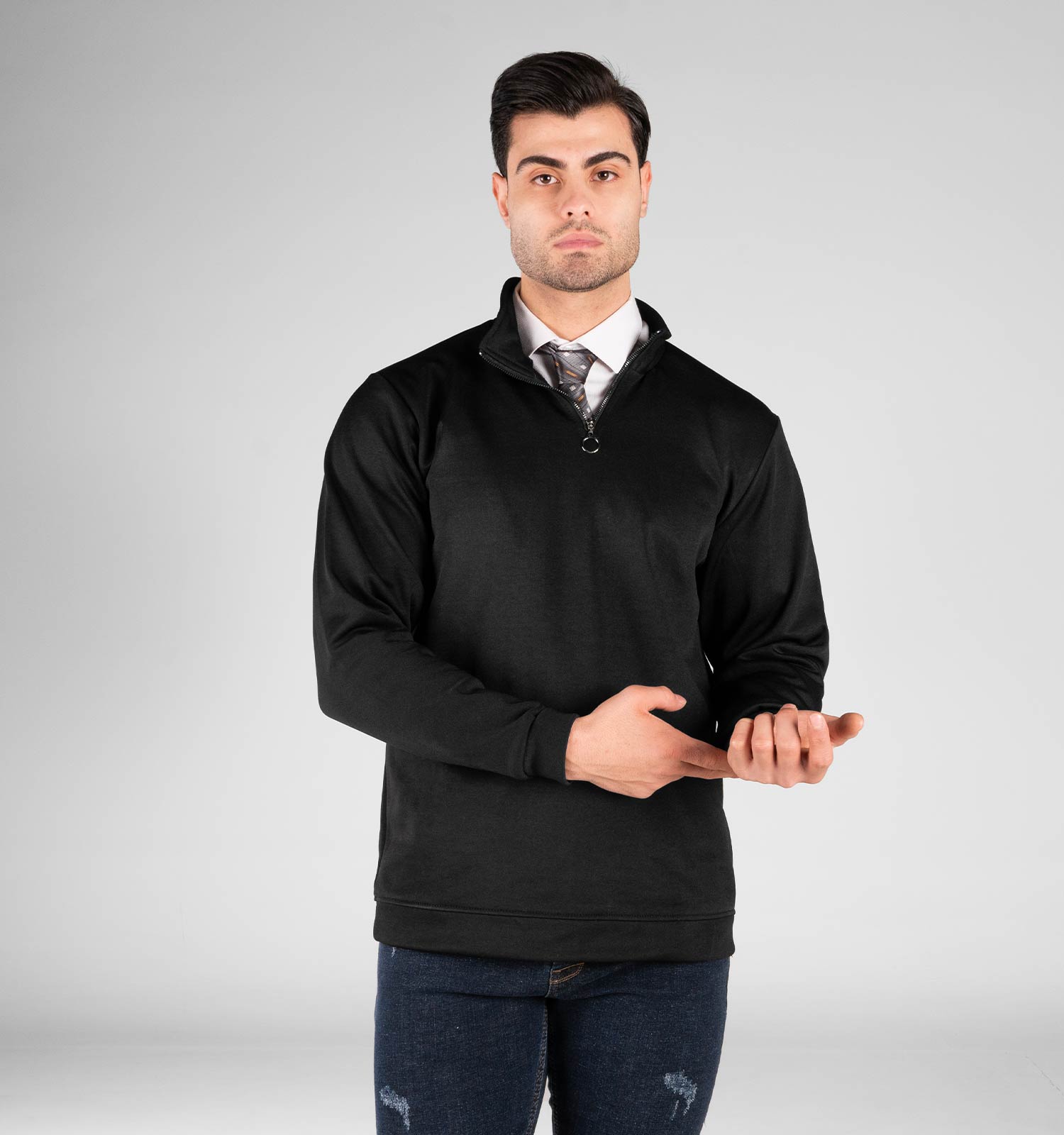 بلوز دورس نیم زیپ مردانه مشکی ساده مدل 49263
