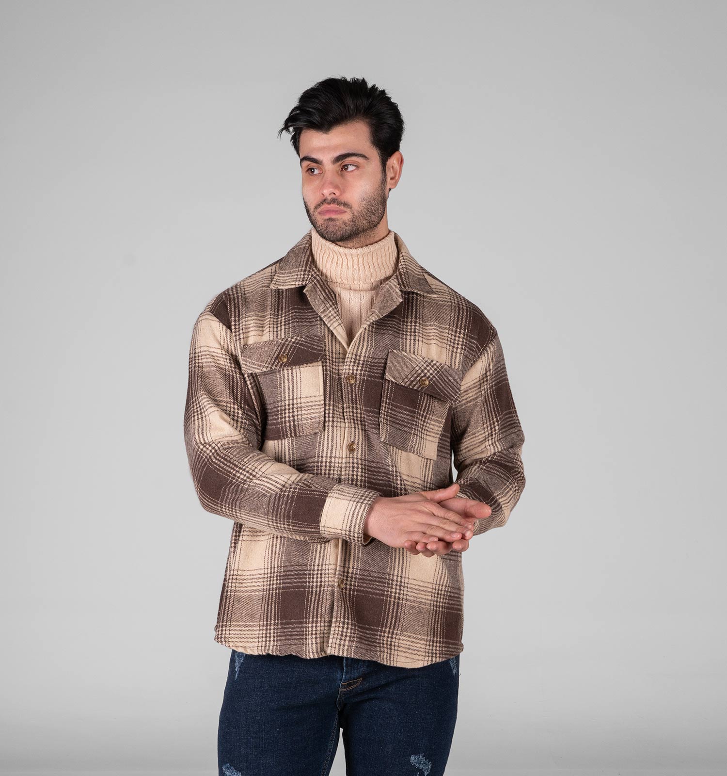 پیراهن اسپرت پشمی مردانه آستین بلند چهارخانه مدل 49339