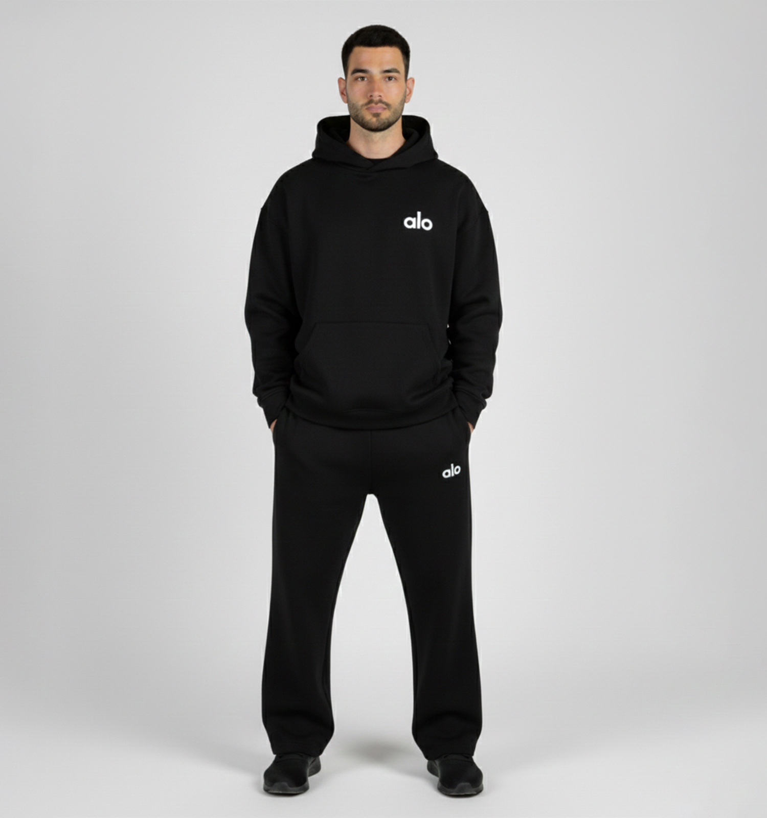 ست مردانه هودی شلوار Alo مشکی ساده مدل 49222