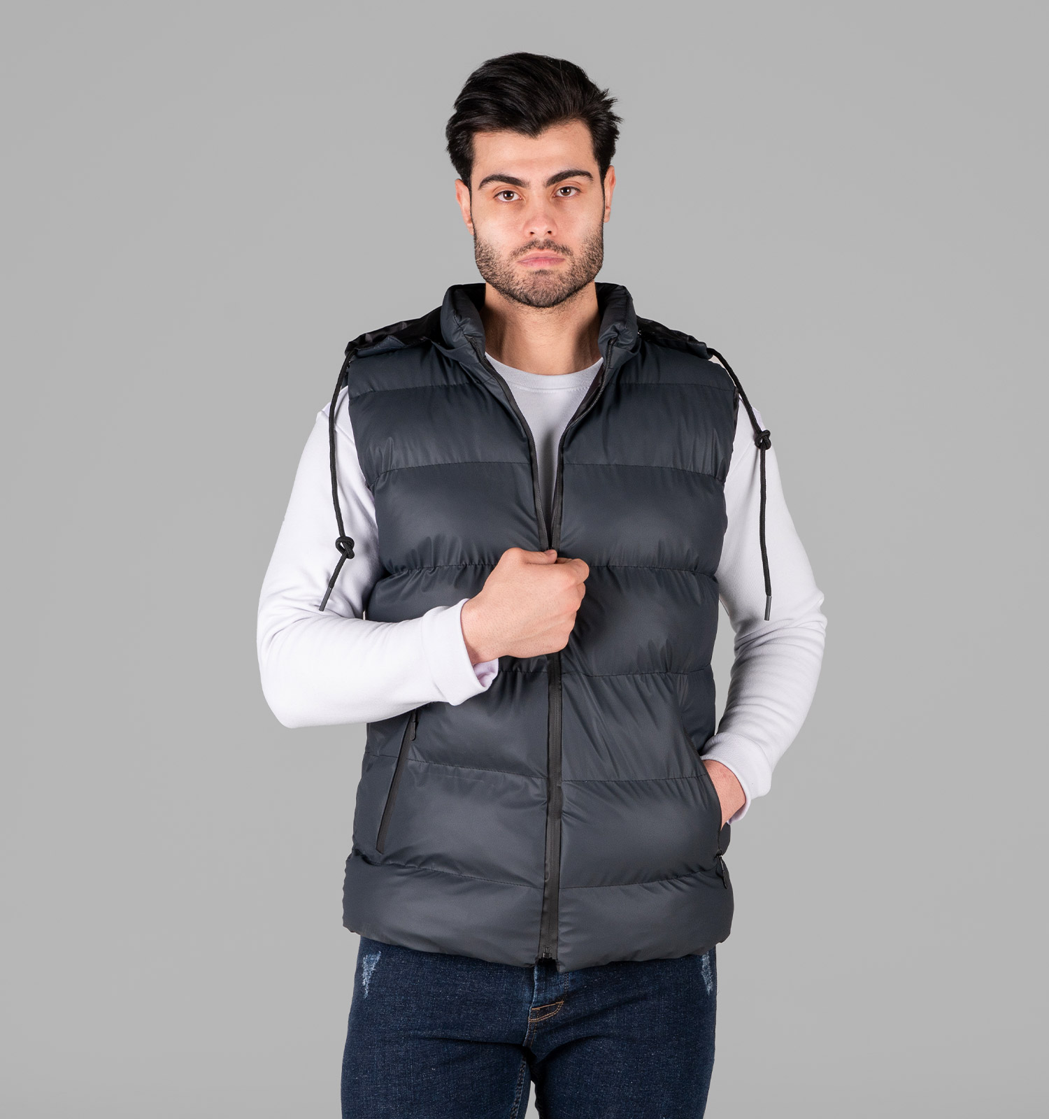 کاپشن پافر بادی سرمه ای کلاهدار مدل 49326