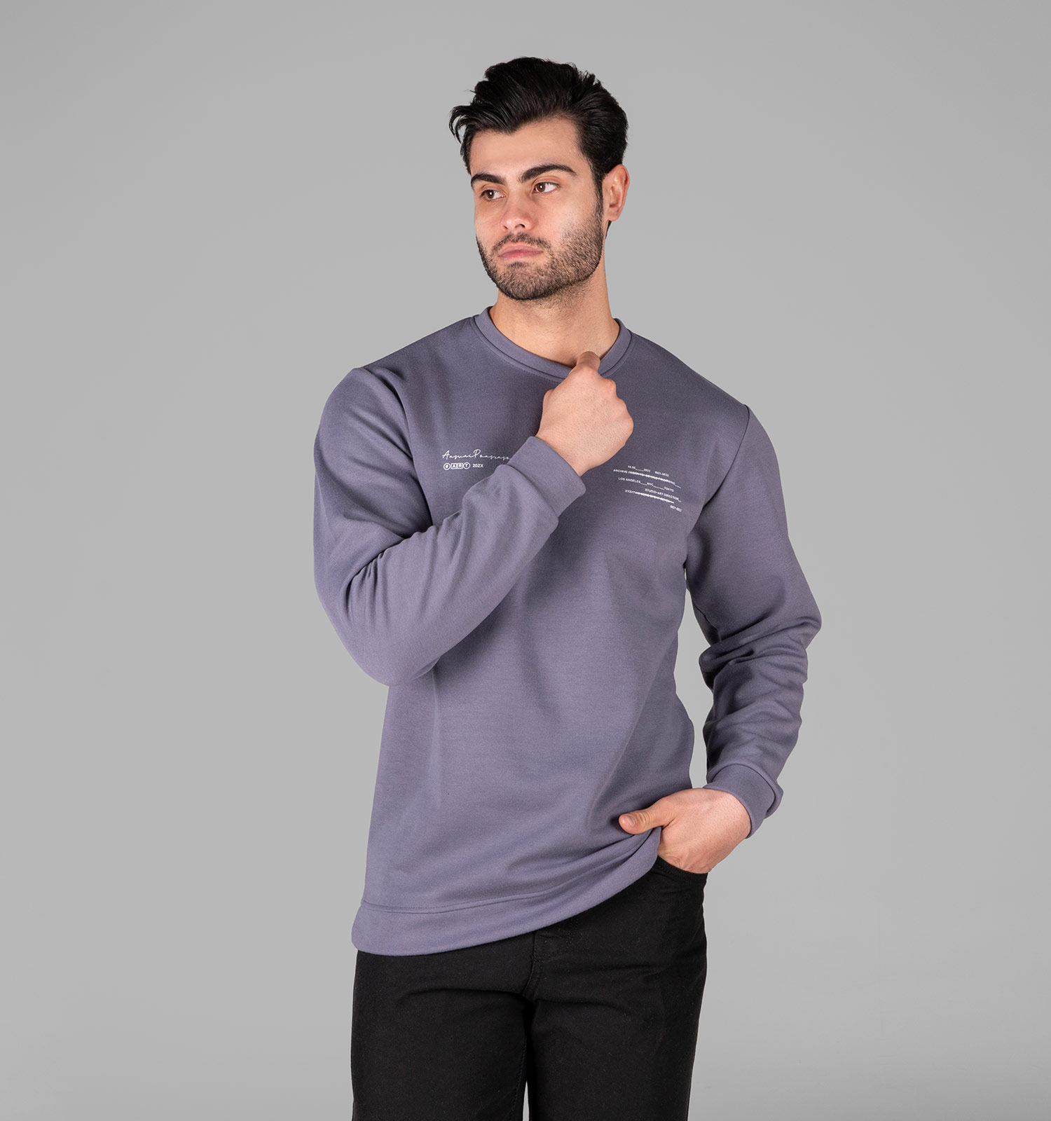 بلوز دورس مردانه یقه گرد طوسی طرحدار مدل 49330