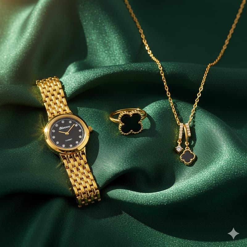 ست زنانه ساعت گردنبند انگشتر مدل Van Cleef طلایی مشکی