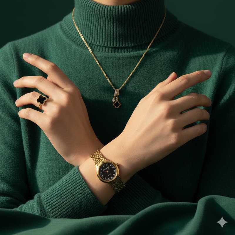 ست زنانه ساعت گردنبند انگشتر مدل Van Cleef طلایی مشکی
