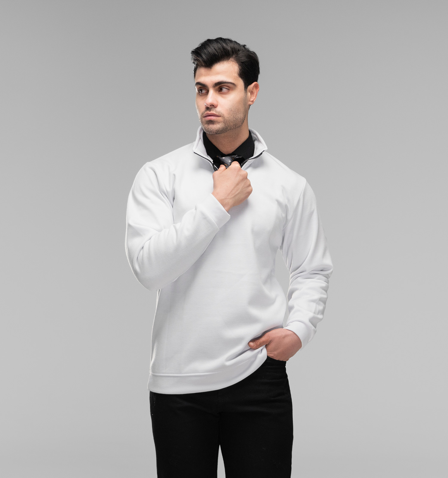 بلوز دورس نیم زیپ مردانه سفید ساده مدل 49261