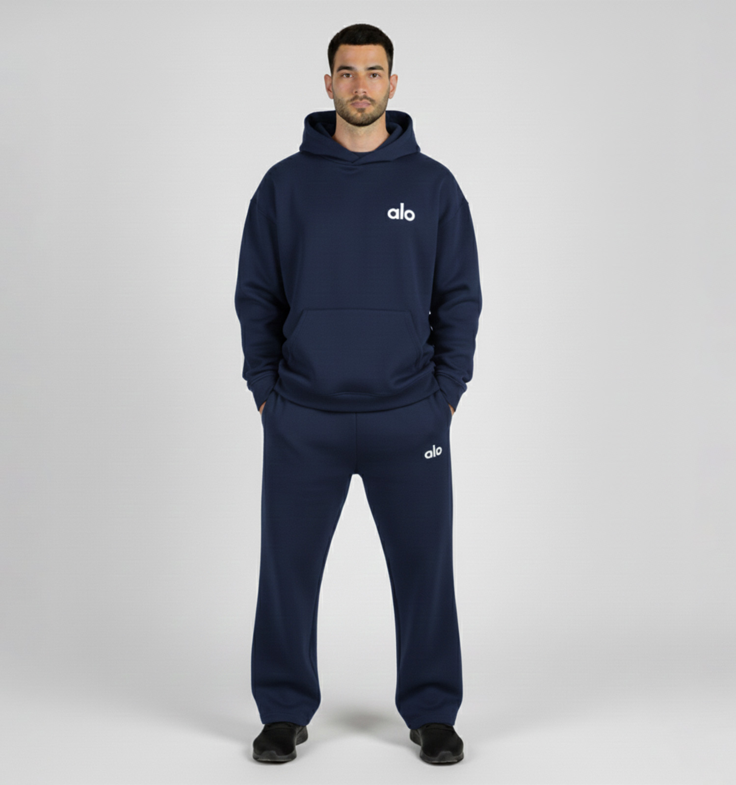 ست مردانه هودی شلوار Alo سرمه ای ساده مدل 49223