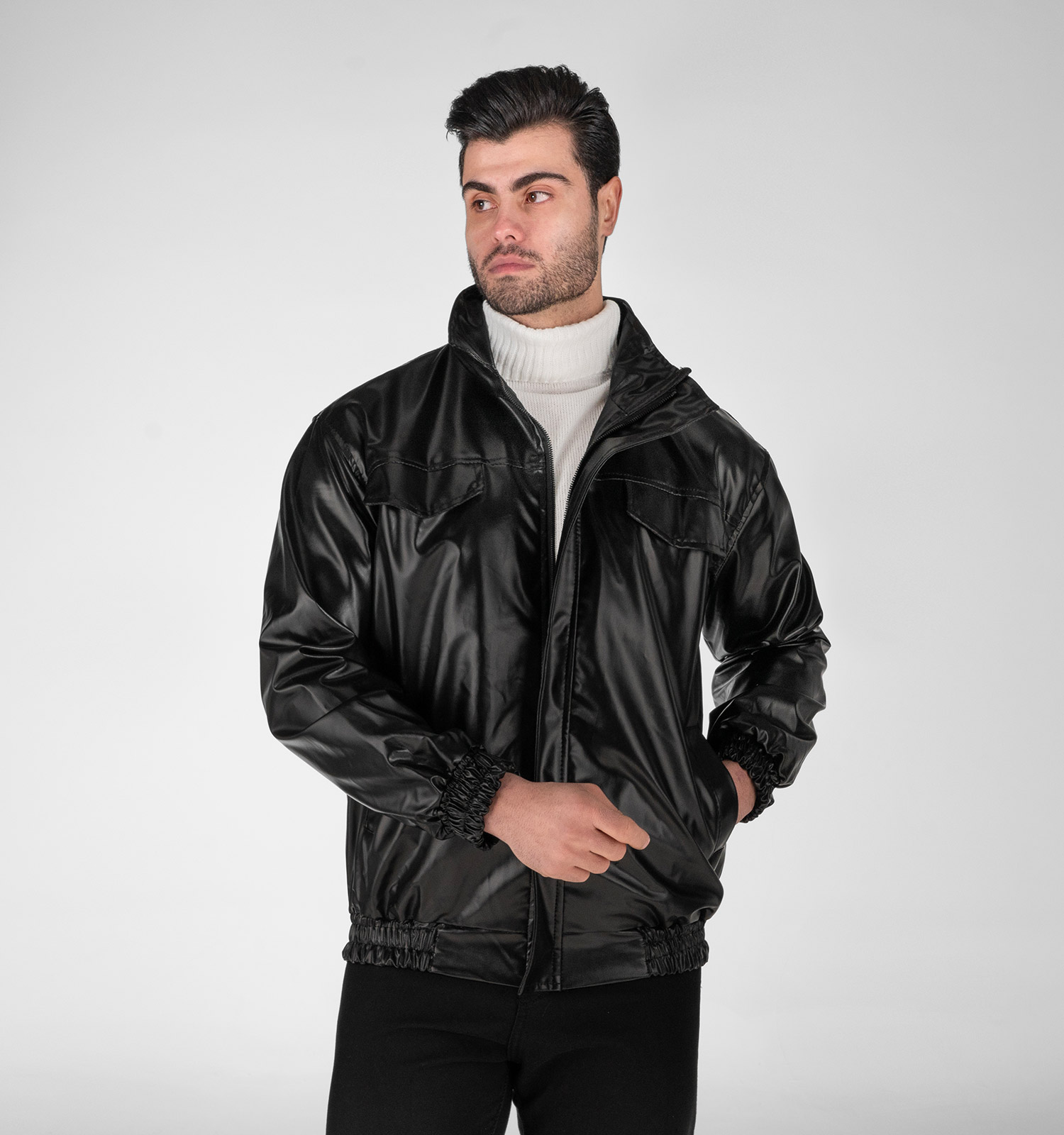 کاپشن اسپرت چرم مصنوعی مردانه مشکی مدل 49295