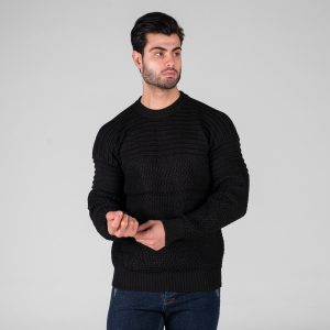 بافت مردانه یقه گرد مشکی فری سایز طرحدار مدل 49317