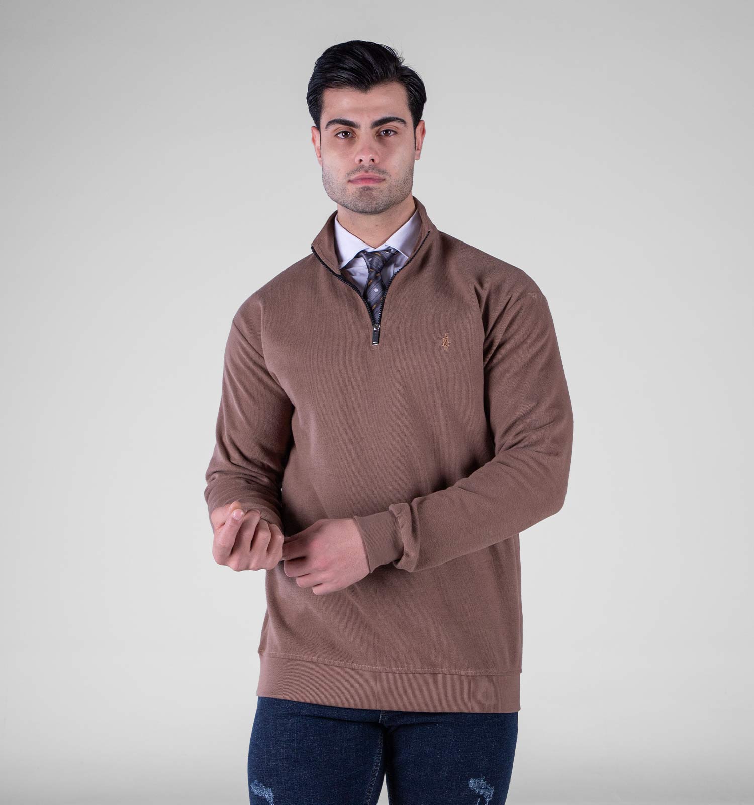 بلوز سلانیک نیم زیپ مردانه یقه دار ساده مدل 49140