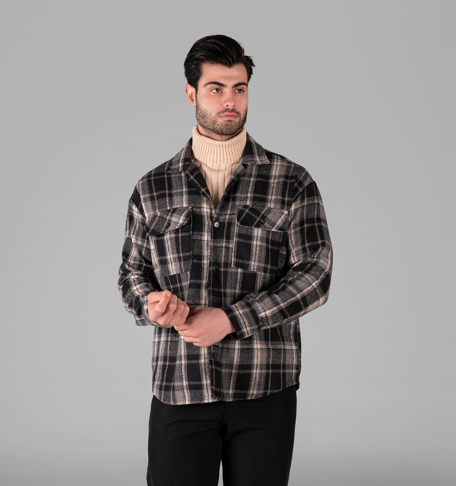 پیراهن اسپرت پشمی مردانه آستین بلند چهارخانه مدل 49343