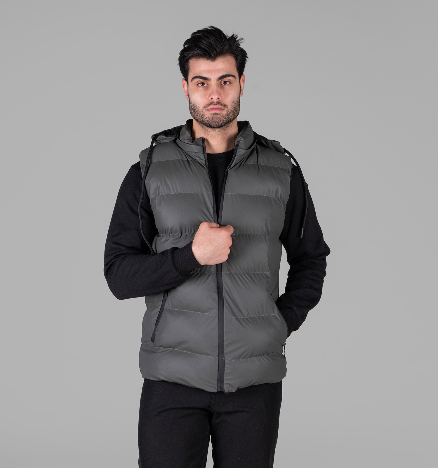 کاپشن پافر بادی طوسی کلاهدار مدل 49325