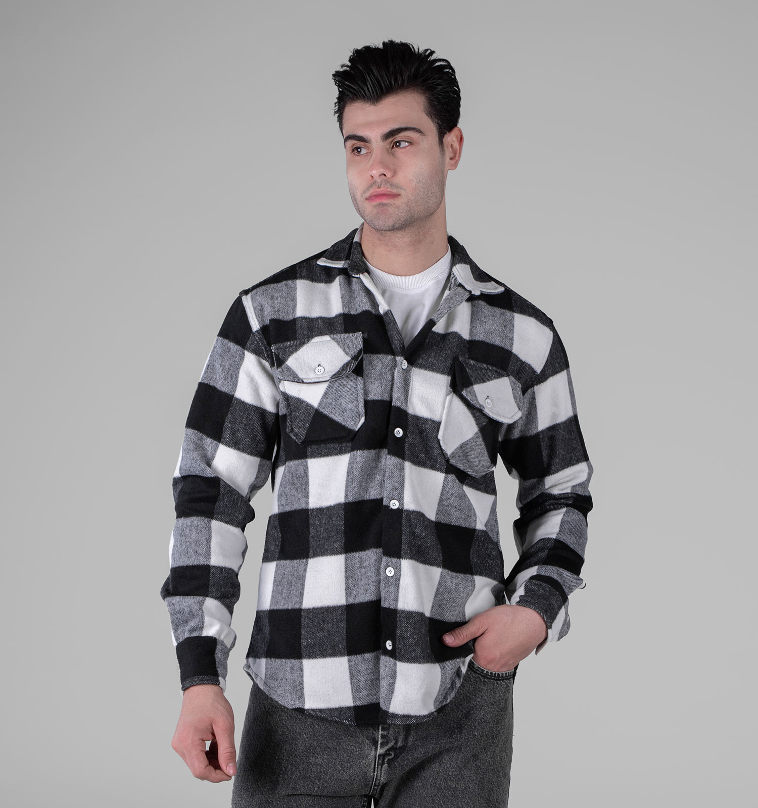 پیراهن اسپرت پشمی مردانه آستین بلند چهارخانه مدل 49154