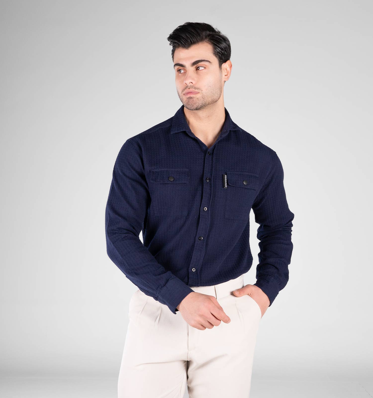 پیراهن مردانه آستین بلند سرمه ای ساده مدل 49259