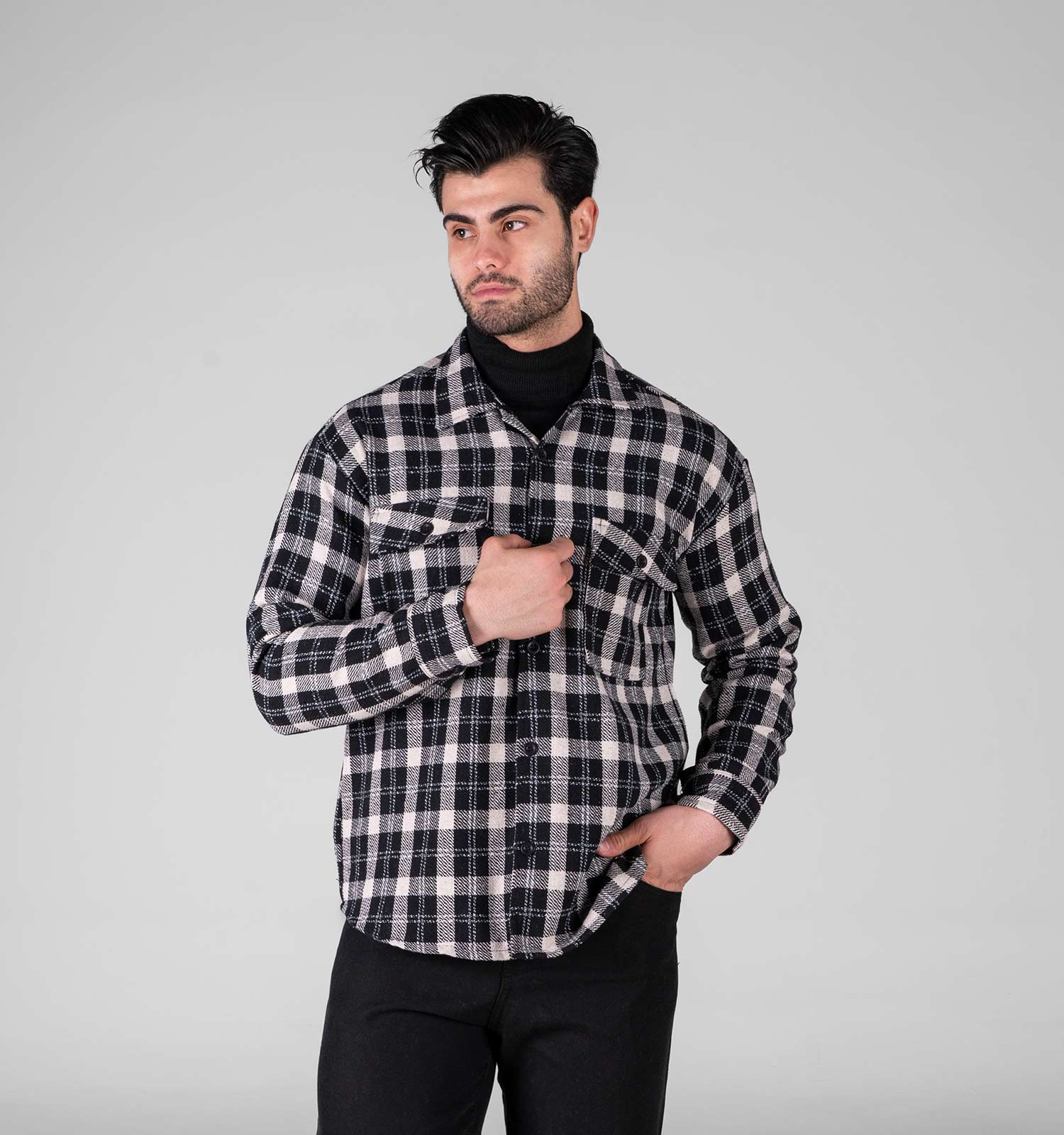 پیراهن اسپرت پشمی مردانه آستین بلند چهارخانه مدل 49340