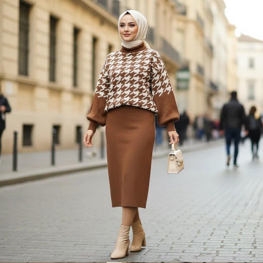 ست بلوز دامن بافت زنانه Sevda_Brown مدل 3828