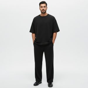 ست مردانه تیشرت شلوار مشکی پارچه کبریتی مدل 49390