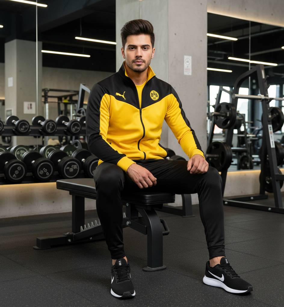 پکیج ست سویشرت شلوار دورتموند مردانه مدل BVB09 کفش ورزشی مردانه Nike مدل Tigo زیره سفید مشکی