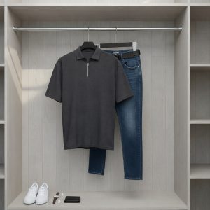 تیشرت مردانه یقه زیپ دار طوسی تیره مدل Arban طوسی تیره