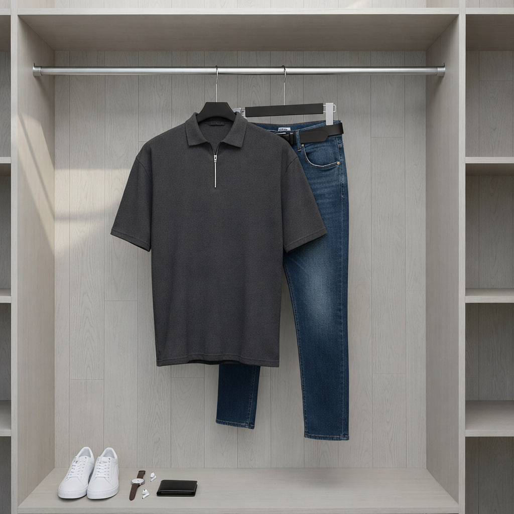 تیشرت مردانه یقه زیپ دار طوسی تیره مدل Arban طوسی تیره