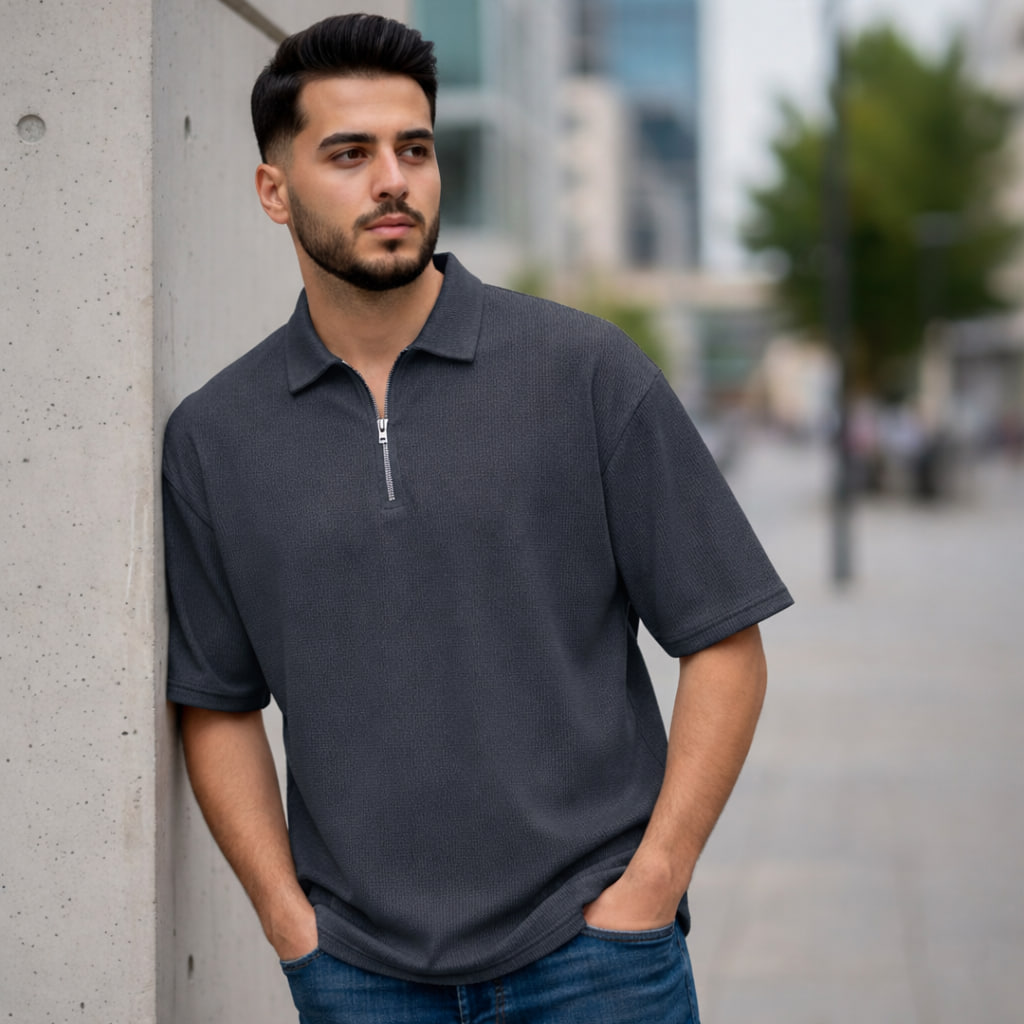 تیشرت مردانه یقه زیپ دار طوسی تیره مدل Arban طوسی تیره