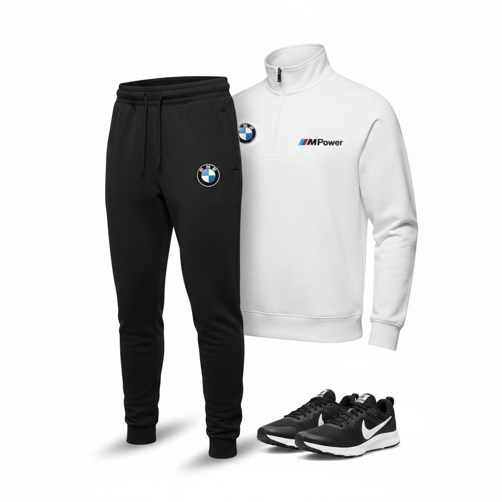 پکیج ست دورس شلوار BMW مردانه طرح M Power کفش ورزشی مردانه Nike مدل Tigo مشکی زیره سفید