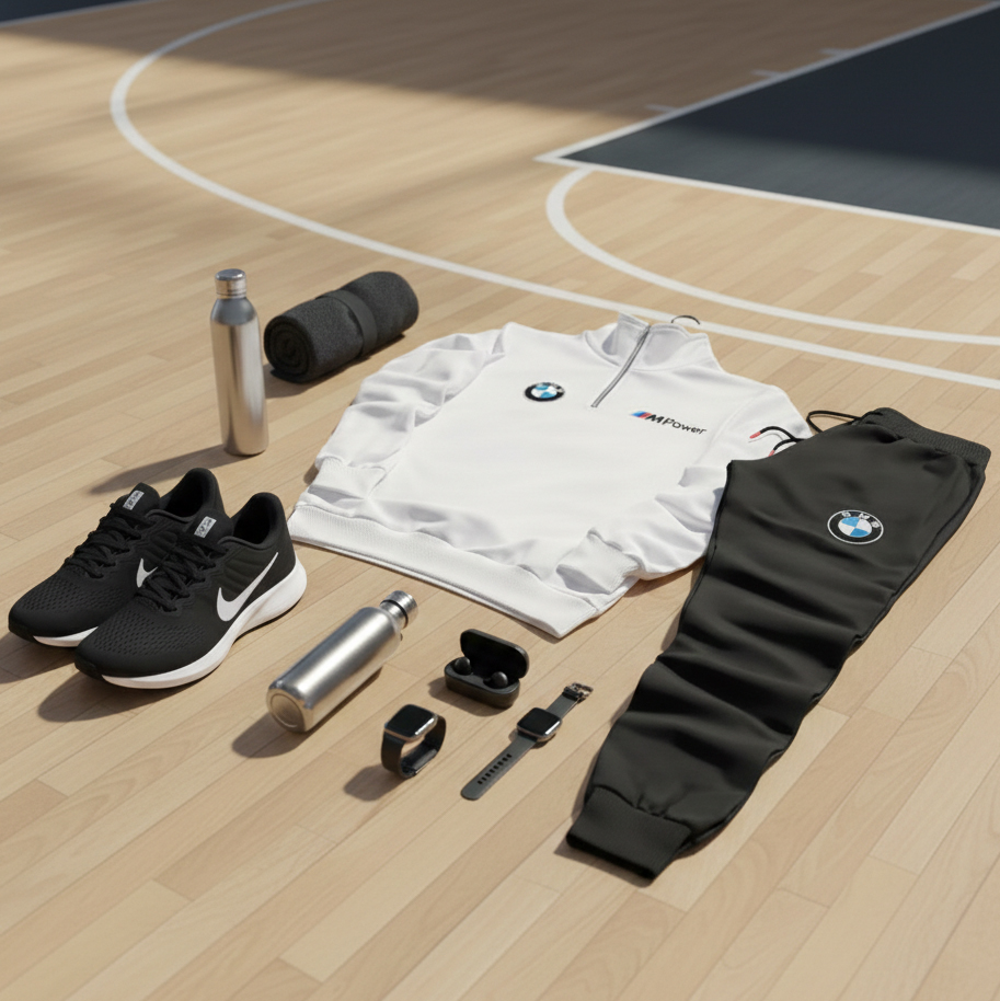 پکیج ست دورس شلوار BMW مردانه طرح M Power کفش ورزشی مردانه Nike مدل Tigo مشکی زیره سفید