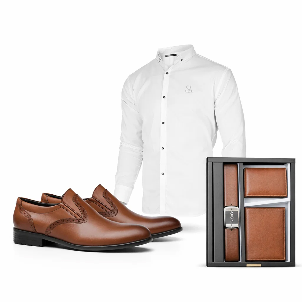 پکیج رسمی مردانه سفید پیراهن سفید مدل VQ کفش مردانه عسلی مدل Dena ست کیف کمربند عسلی مدل M101