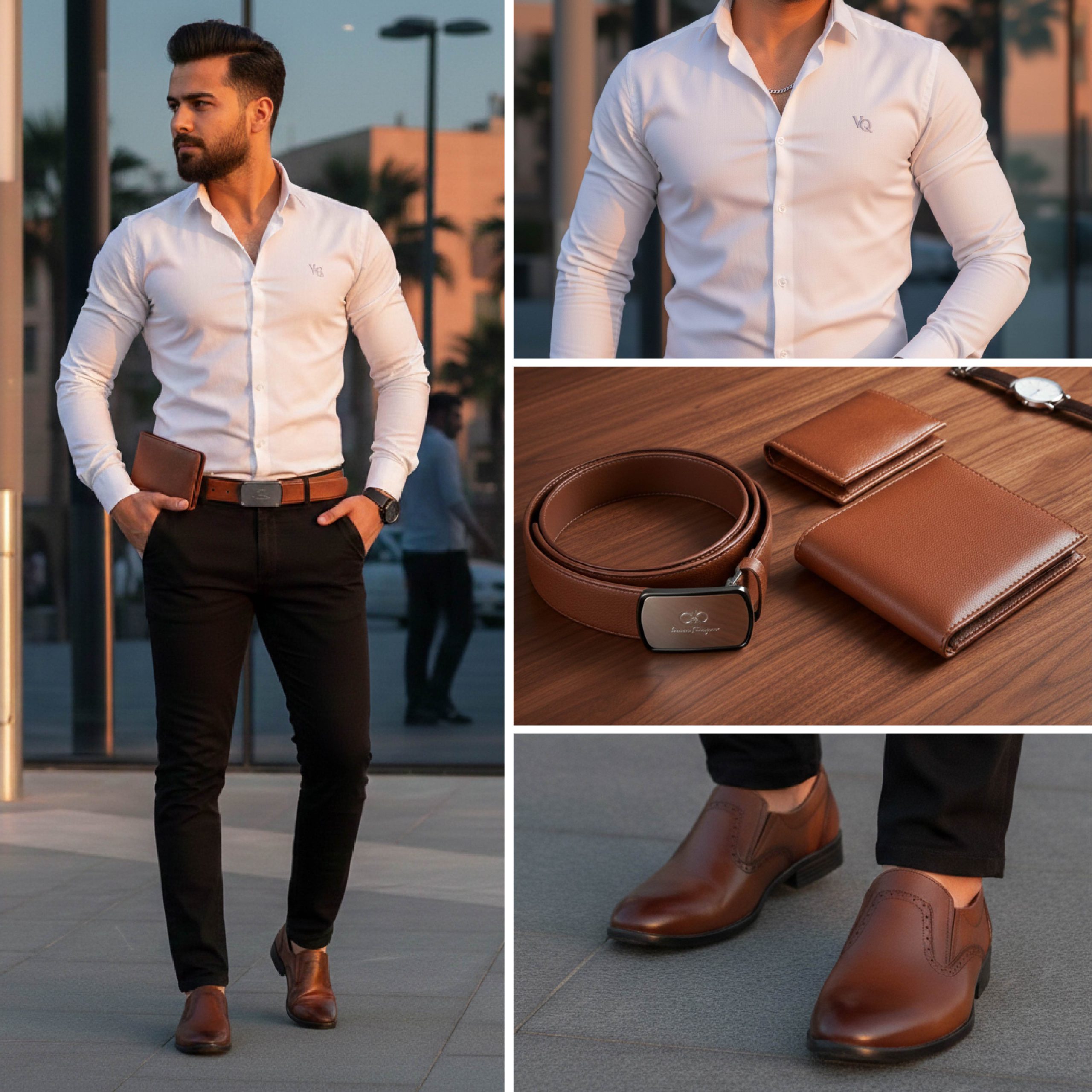 پکیج رسمی مردانه سفید پیراهن سفید مدل VQ کفش مردانه عسلی مدل Dena ست کیف کمربند عسلی مدل M101