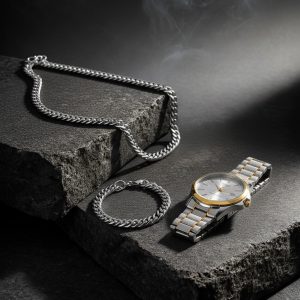 پکیج ساعت عقربه ای نقره ای طلایی صفحه سفید Casio مدل Edmon دستبند گردنبند کارتیه رنگ نقره ای