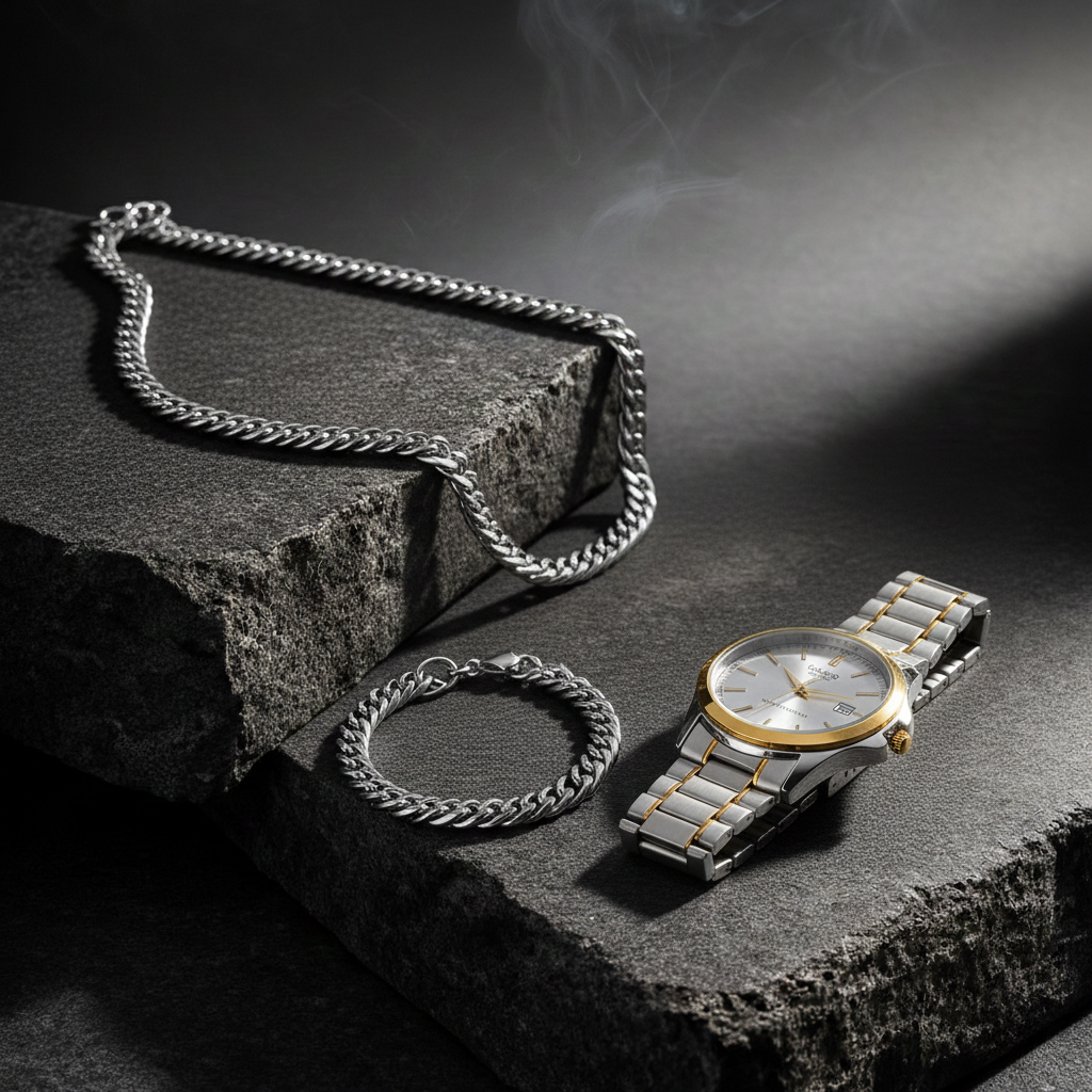 پکیج ساعت عقربه ای نقره ای طلایی صفحه سفید Casio مدل Edmon دستبند گردنبند کارتیه رنگ نقره ای