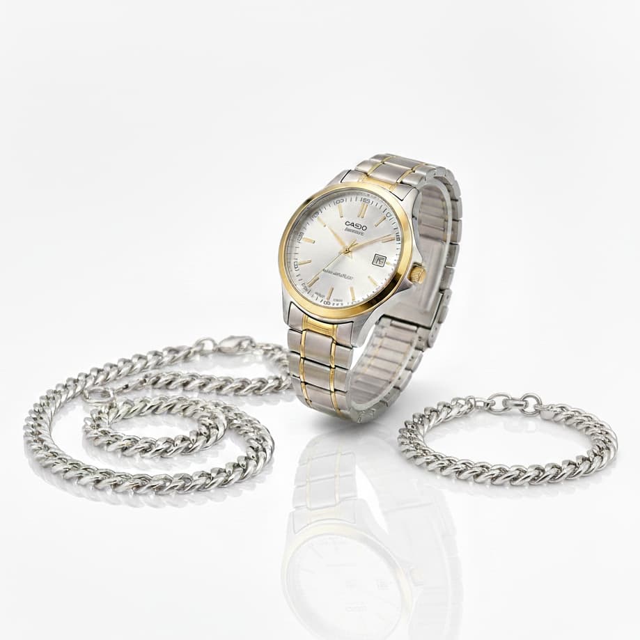 پکیج ساعت عقربه ای نقره ای طلایی صفحه سفید Casio مدل Edmon دستبند گردنبند کارتیه رنگ نقره ای