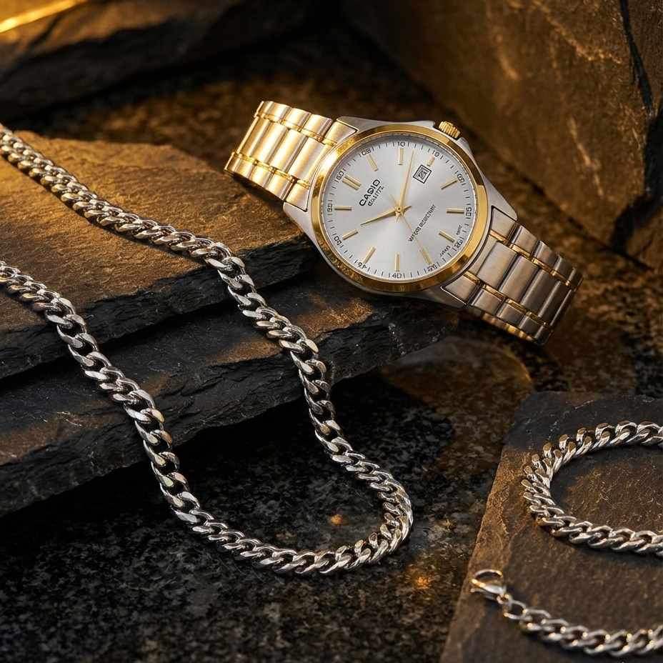 پکیج ساعت عقربه ای نقره ای طلایی صفحه سفید Casio مدل Edmon دستبند گردنبند کارتیه رنگ نقره ای