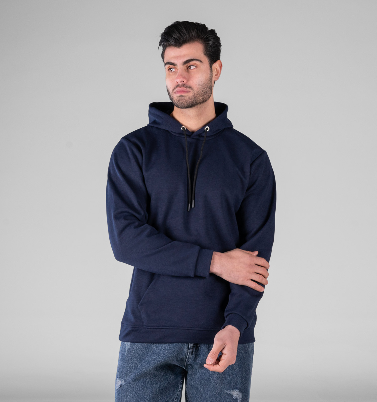 هودی مردانه کلاهدار سرمه ای ساده مدل 49495