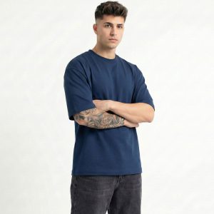 تیشرت یقه گرد مردانه باکسی سرمه ای نخ پنبه بیسیک مدل 49485