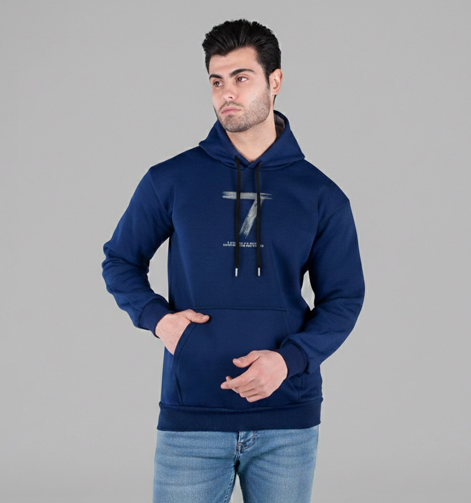 هودی مردانه کلاهدار سرمه ای طرحدار مدل 49502